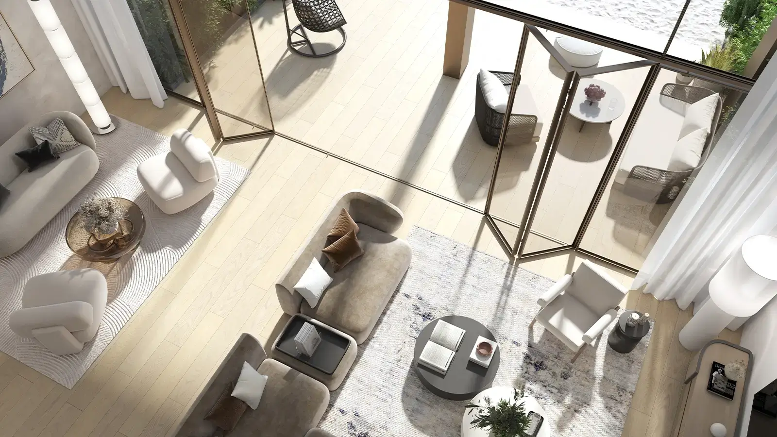 Living room viewed from the mezzanine at Beach House at Bay Residences