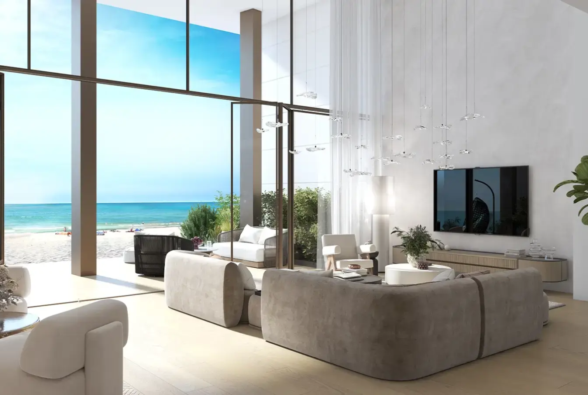 Ocean-view living room at Beach House at Bay Residences, Mina Al Arab