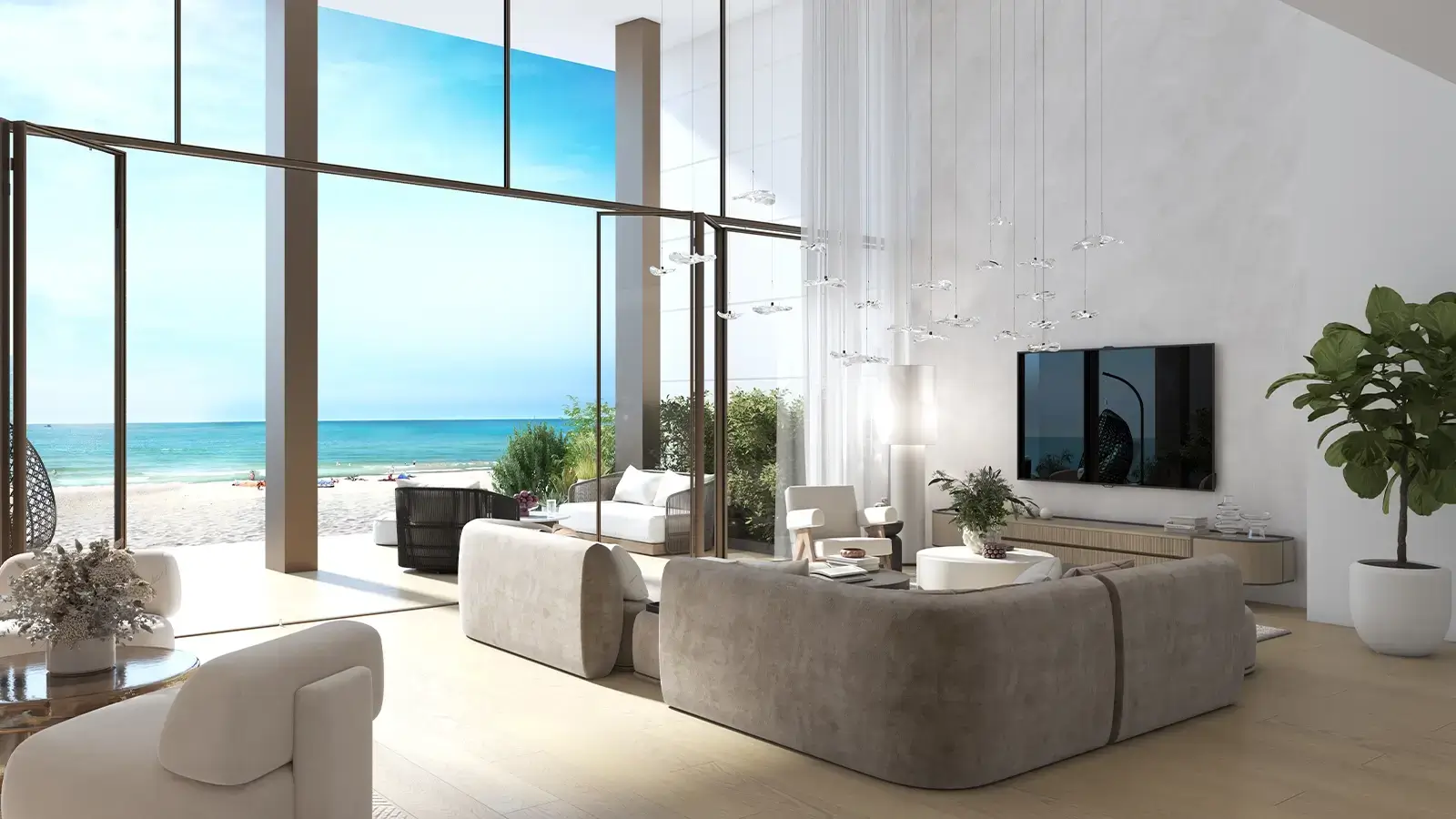 Ocean-view living room at Beach House at Bay Residences, Mina Al Arab