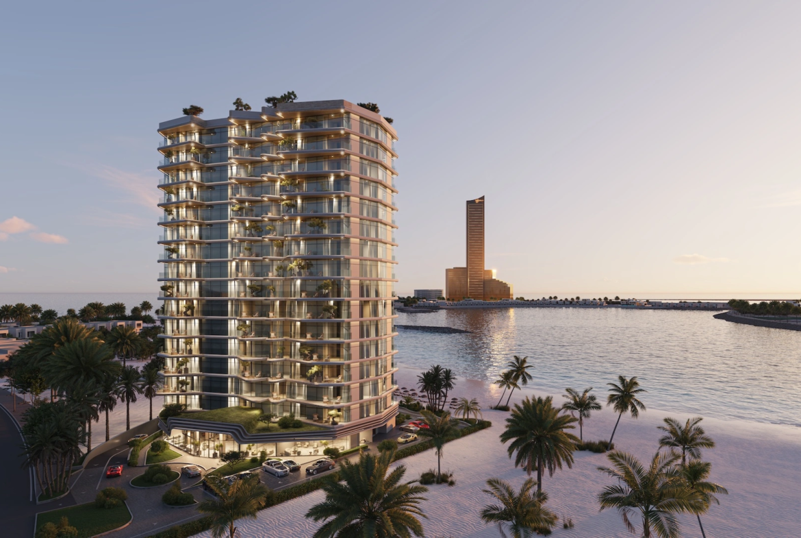 The Beach Vista exterior illuminated at dusk