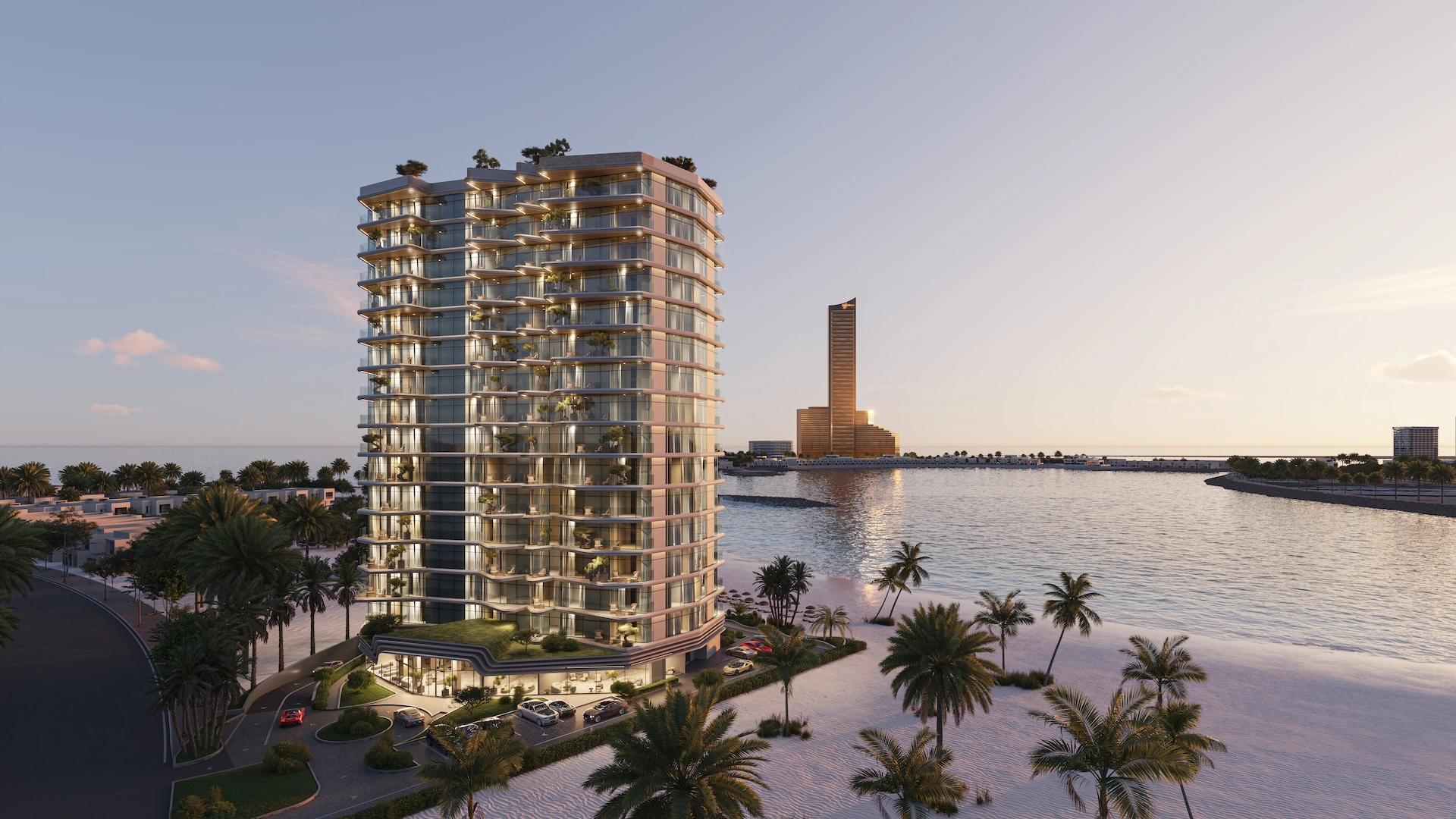The Beach Vista exterior illuminated at dusk