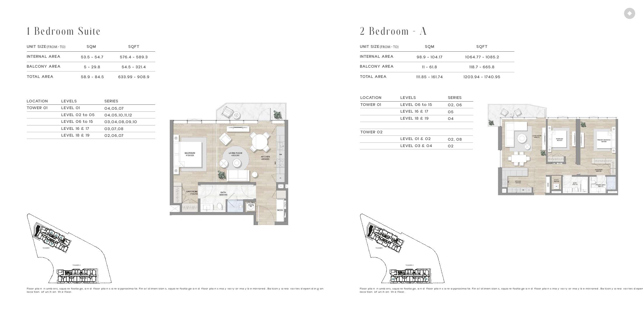 Official SKAI brochure spread showing 1-bedroom Suite and 2-bedroom Type A floorplans with internal and balcony areas